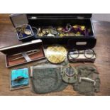 Lacquer box containing costume jewellery, mesh purses, pens, old pair spectacles and other items