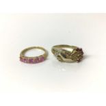 14ct gold pink five stone ring and 14ct gold ring with hand holding gem set bunch of flowers
