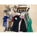 Group of vintage puppets, dominoes set and Robertson's golly band