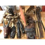 Group African carved wood figures, animals, masks, walking sticks etc