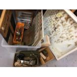 Pair military telephones, plated cutlery, commemorative tins, coins, butterflies in glazed case and