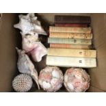Box of shells, some books and two artists proof signed unframed prints
