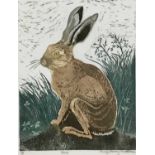 Penny Berry Paterson (1941-2021) colour linocut print, Hare, signed inscribed and numbered 8/9, 35 x