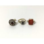 Two 9ct gold gem set dress rings and 10k gold intaglio ring with engraved Roman head