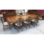 Good quality Georgian style mahogany twin pedestal table with two extra leaves, 275cm wide, 122cm de