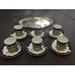 Set 6 Edwardian silver mounted Coalport coffee cups and saucer and plated tray