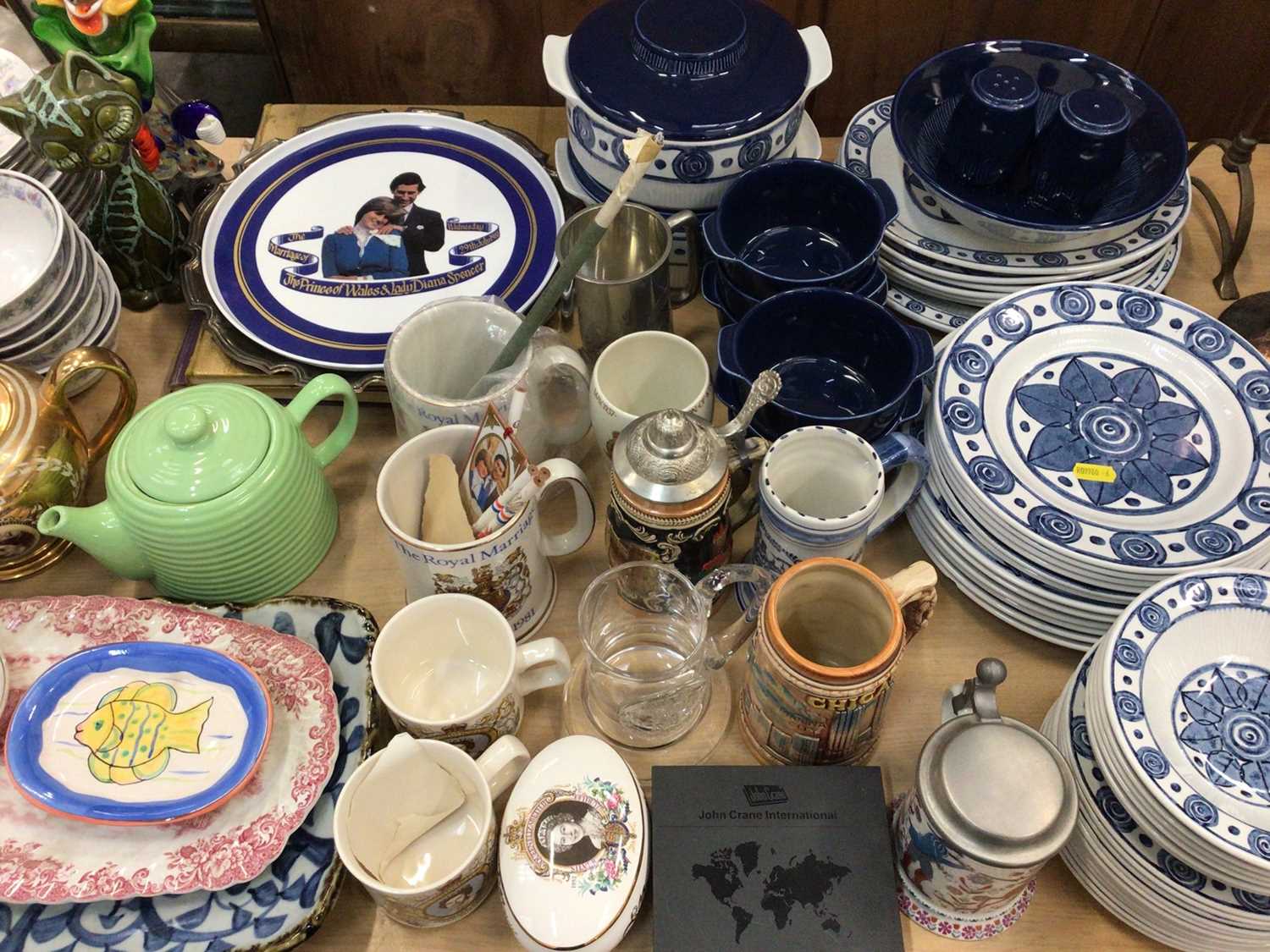 Group of ceramics, dinner ware, Commemorative items, two mantle clocks, cased cutlery and sundries