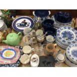 Group of ceramics, dinner ware, Commemorative items, two mantle clocks, cased cutlery and sundries