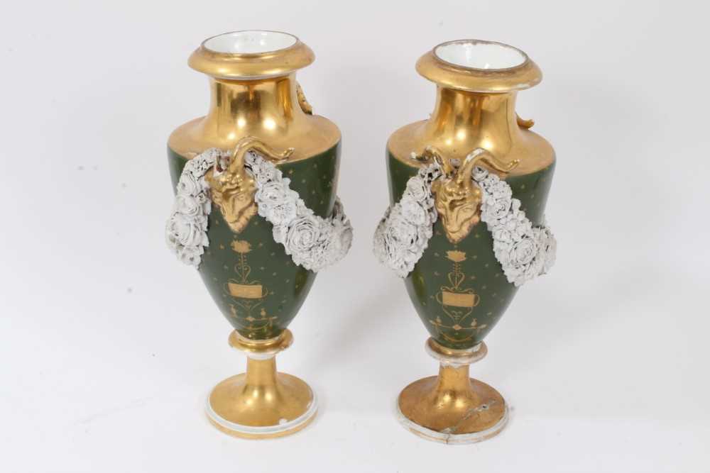 Pair of Paris porcelain vases, 19th century, decorated with swags of encrusted flowers on a green an - Image 4 of 11