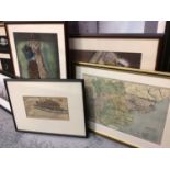 Group of pictures and prints including map of Essex, Thames barges photograph, planets and other sub