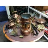 Good collection of brass, copper and other metalwares, including kettles, blow torches, copper tea u