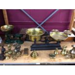 Four antique scales and selection of brass weights