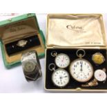 Art Deco Bulova gold plated ladies wristwatch in original case, two silver cased fob watches, others