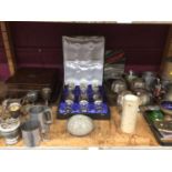 Presentation box of six plated goblets, other goblets and tankards, wooden box and brass miners lamp