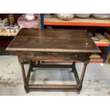 Antique oak side table with single drawer on turned and block legs joined by stretchers, 88cm wide,