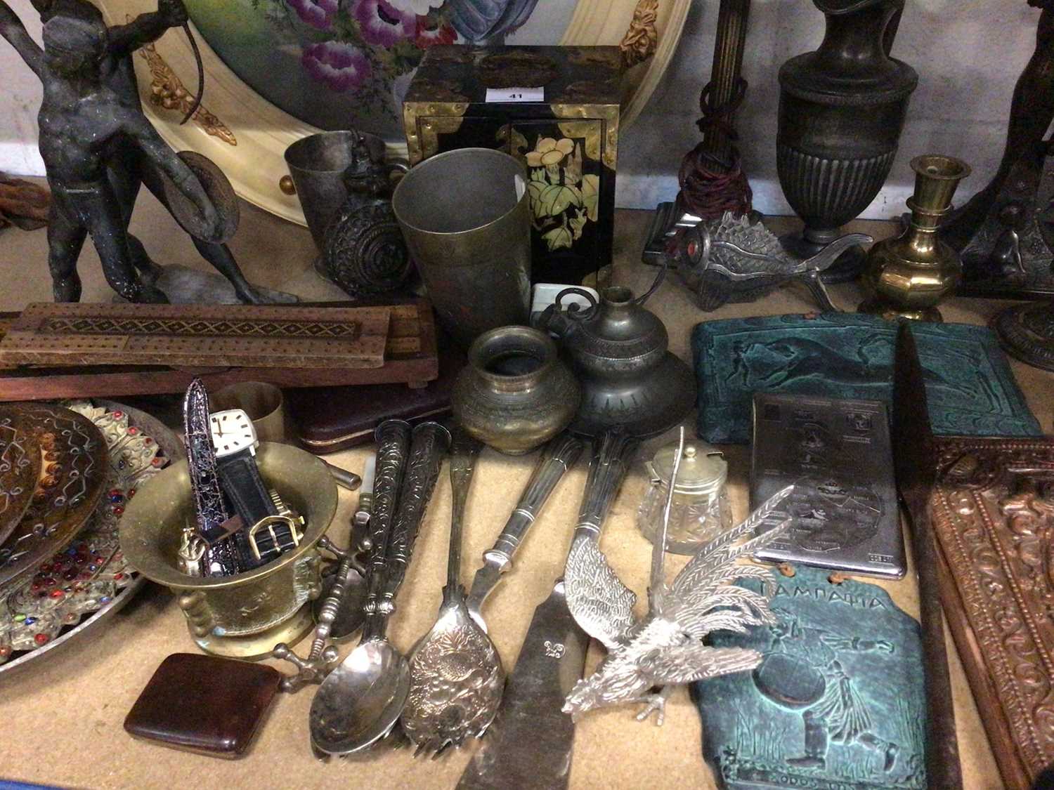 Sundry antique and later items, including a Tunbridge ware cribbage board, watches, Eastern metal wa - Image 3 of 5