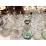 Large quantity of glassware including decanters, jugs, vases, dishes etc