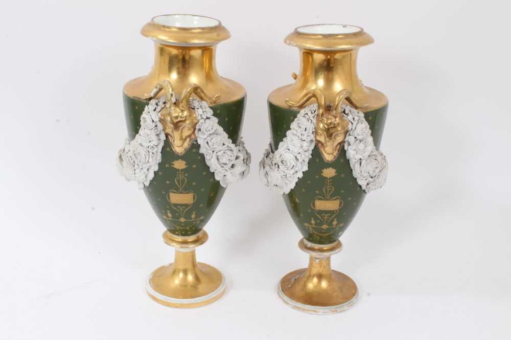 Pair of Paris porcelain vases, 19th century, decorated with swags of encrusted flowers on a green an - Image 2 of 11