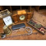 Brass cased carriage clock, one other timepiece in wooden case, set scales, pair antique spectacles,