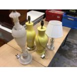 Pair of yellow ceramic table lamps, one onyx and one glass table lamp (4)