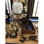 George III mahogany cutlery tray, pair of Russian brass oil lamps, the chimneys with twist pattern o