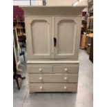 Victorian painted pine two height housekeepers cupboard with shelved interior enclosed by two panell