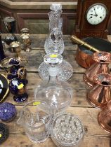 Stuart cut glass carafe, Edinburgh Crystal cut glass jug, Waterford cut glass ships decanter, two ot