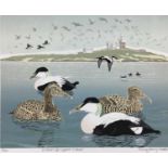 Penny Berry Paterson (1941-2021) colour linocut, Eiders off Coquet Island, signed, inscribed and num