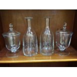 Pair William Yeoward glass wine carafes, together with a pair glass sweetmeat vases with covers