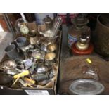 Group metal ware, silver plated items, mantle clocks, oil lamps etc