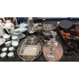 Selection of silver plate including pair of candlesticks, various trays, napkin rings etc