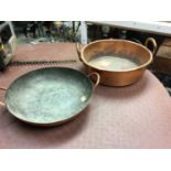 Victorian copper jam pan, and another copper pan