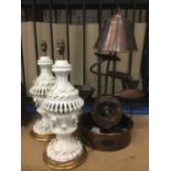 Pair of white glazed pottery table lamps, total height 55cm, together with a Fantasia water cascade