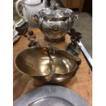 Victorian silver plated biscuit barrel, pewter plate, pair strawberry leaf ornaments and Regency bro