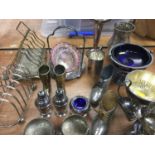 Collection of 19th century and later silver plated wares to include, toast racks, christening mug, f
