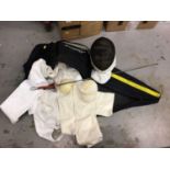 Fencing equipment, including foil, helmet, clothing, etc