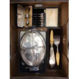 Cased silver spoon and napkin ring set, together with silver teaspoons and a quantity of silver plat