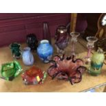 Group of coloured art glass including Caithness vase, two Liskeard vases, others and pair Langham ca