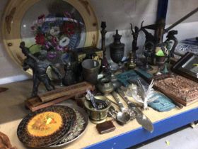 Sundry antique and later items, including a Tunbridge ware cribbage board, watches, Eastern metal wa