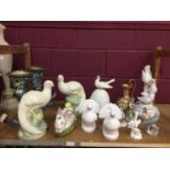 Pair of modern epergne, white pheasants, Doves and other figurines