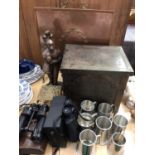 Copper fire guard, brass coal box, other fire implements, pewter tankards and two pairs of binocular