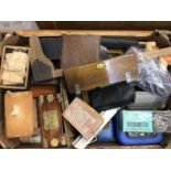 Vintage leather doctor's briefcase, collection of old tins, drawing instruments and sundries