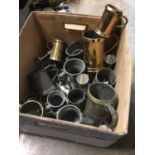 Box of pewter and brass tankards, and other metal wares