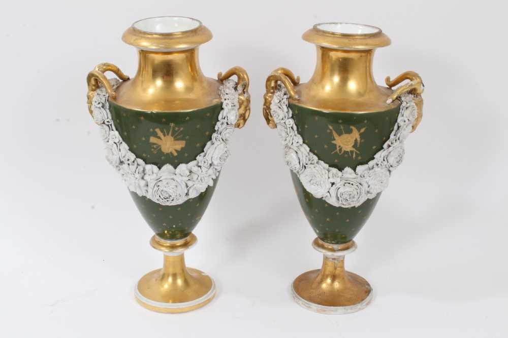 Pair of Paris porcelain vases, 19th century, decorated with swags of encrusted flowers on a green an - Image 3 of 11