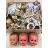 Three vintage doll's heads, various half dolls, miniature teaware etc