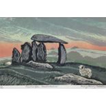 Penny Berry Paterson (1941-2021) colour linocut print, Pentre Ifan, Pembrokeshire, signed inscribed