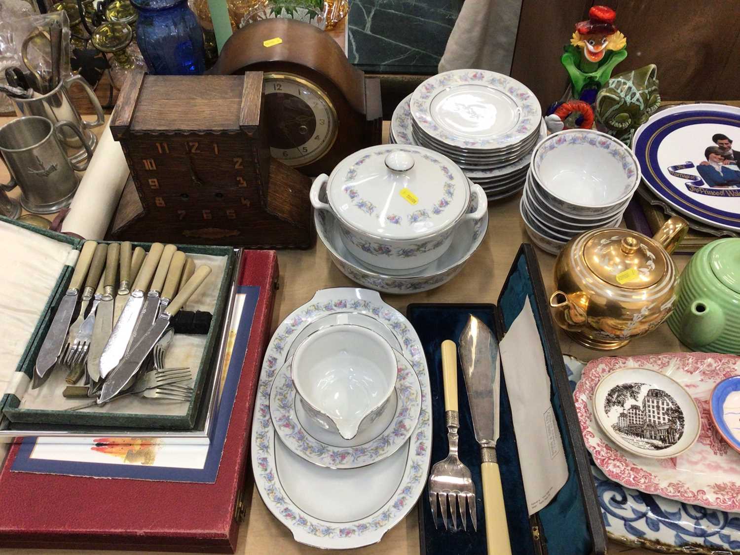 Group of ceramics, dinner ware, Commemorative items, two mantle clocks, cased cutlery and sundries - Image 2 of 2