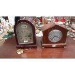 Twentieth century mahogany mantel clock with silvered dial, 34.5cm high, together with another mante