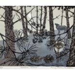 Penny Berry Paterson (1941-2021) colour linocut print, Wolves Wood, signed inscribed and numbered A/