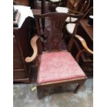 George III provincial fruitwood elbow chair with pierced splat back, drop in seat on square front le